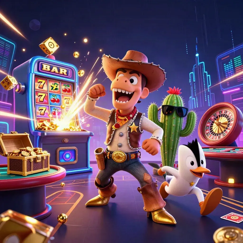 Cowboy T-Rex, cactus sidekick, and roadrunner burst from a glowing slot machine amid casino treasure.