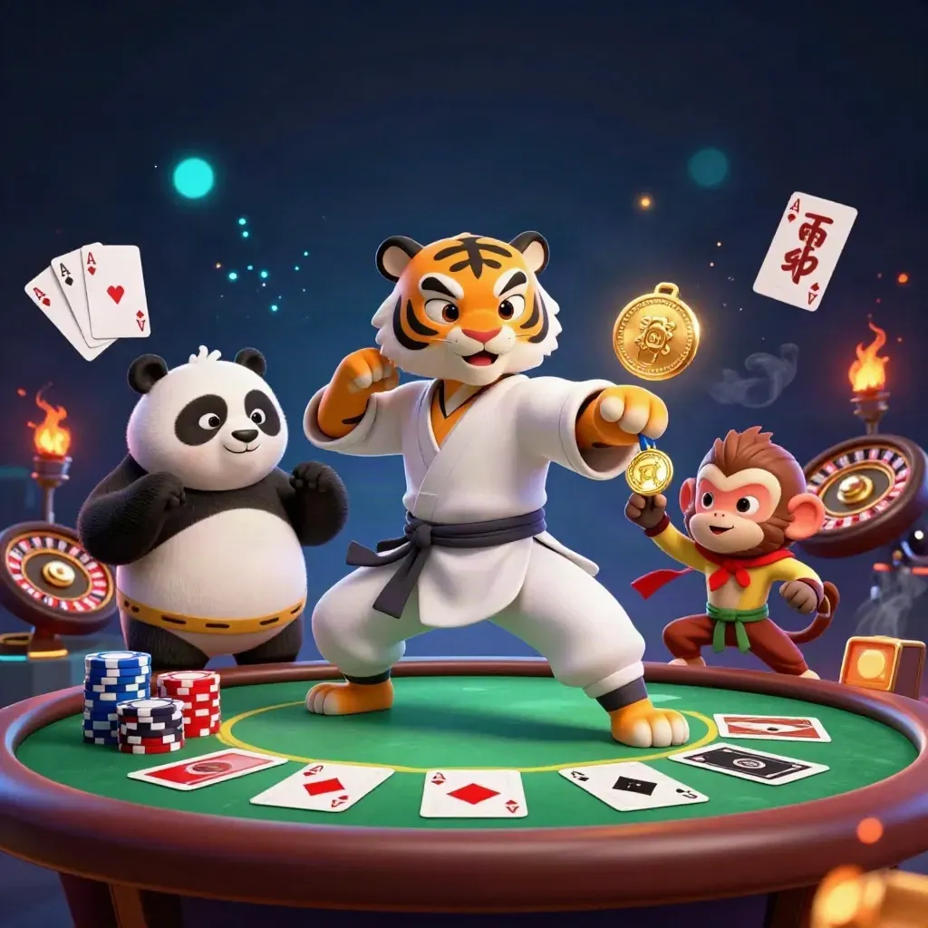 Kung-fu tiger, panda, and monkey in a neon casino scene with cards, chips, and embers