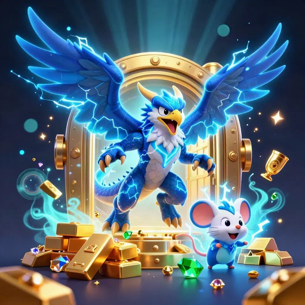 Thunder dragon trio bursting from a gold vault with gems and electric-blue glow