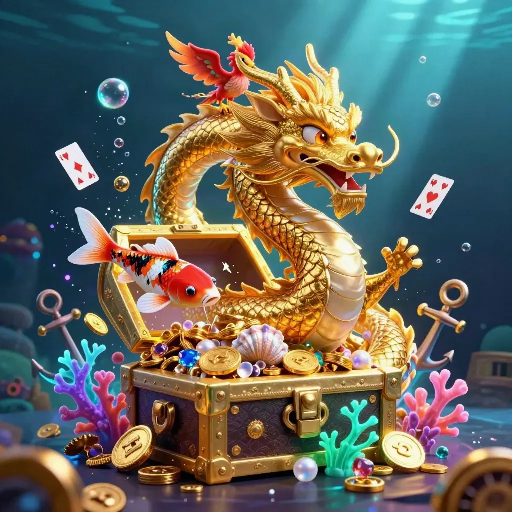 Golden dragon, phoenix, and koi over treasure chest in glowing underwater casino cove.