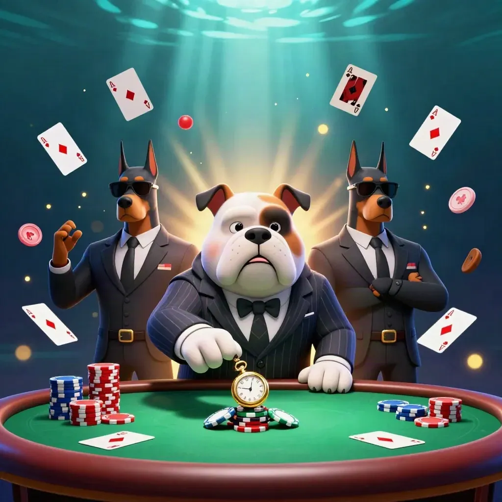 Bulldog mob-boss and two Dobermans blast poker chips through a casino glow.
