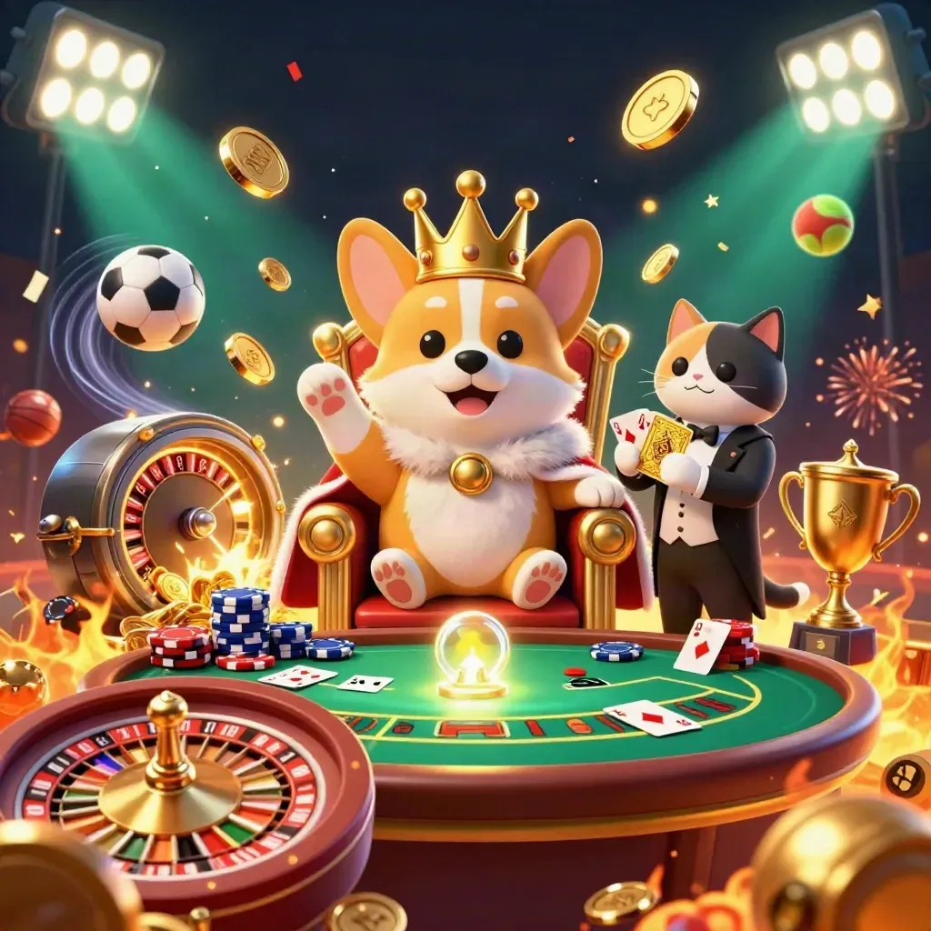 Corgi king and cat butler amid coins, sports balls, fireworks, and casino glow