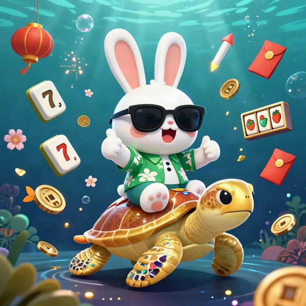 Lucky rabbit rides a golden sea turtle through casino treasure, underwater glow, reels and coins.